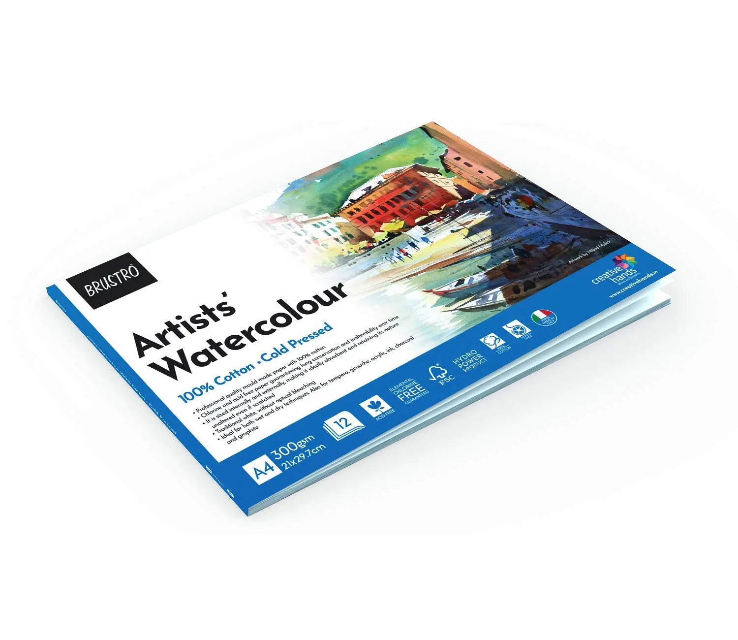 Brustro Artist 100% Cotton Watercolour Pad Cold Pressed 300 GSM A4-12 Sheets Brustro